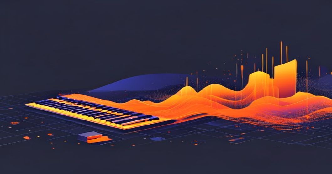 Abstract tech aesthetic illustration of a stylized keyboard transforming small blocks into a massive glowing data wave in orange and indigo