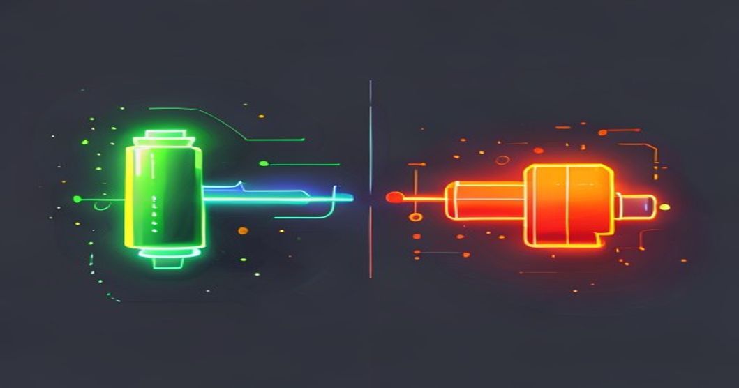 Illustration of a green full battery and a drained red battery connected by glowing lines